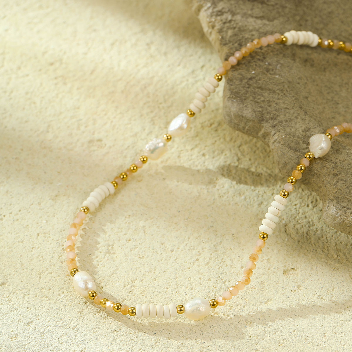 波西米亚珠淡水珍珠配镀金不锈钢链