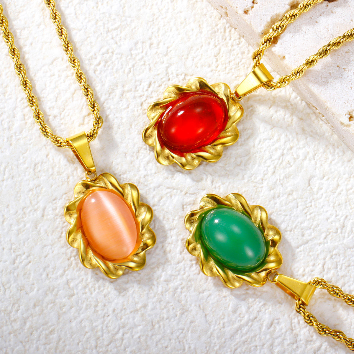 彩色玛瑙吊坠扭链镀金首饰不锈钢项链